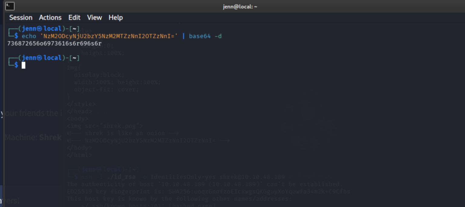 Base64 decode revealing obfuscated hex value and confirming username shrek